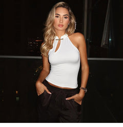 Lace-Up Button Detail Sleeveless Vest Top|Color:White