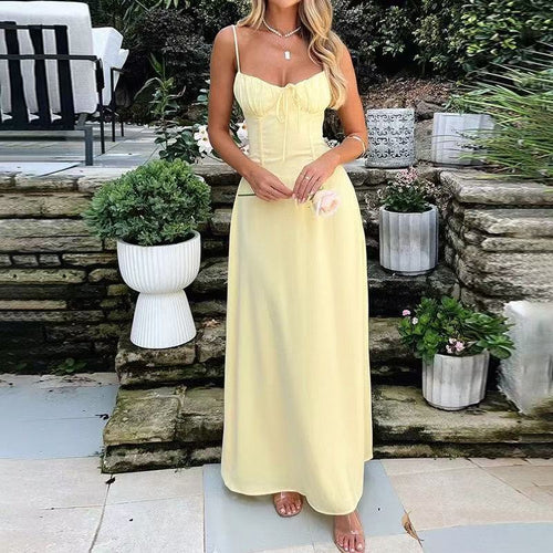 Lace-Up Waist A-Line Midi Dress|Color:Yellow