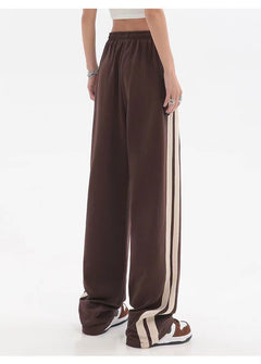 Striped High-Waist Wide-Leg Sweatpants|Color:Brown
