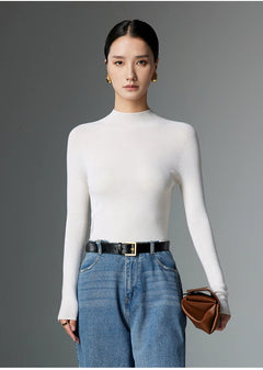 Half-Turtleneck Ribbed Wool Sweater|Color:White