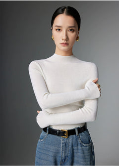 Half-Turtleneck Ribbed Wool Sweater|Color:White