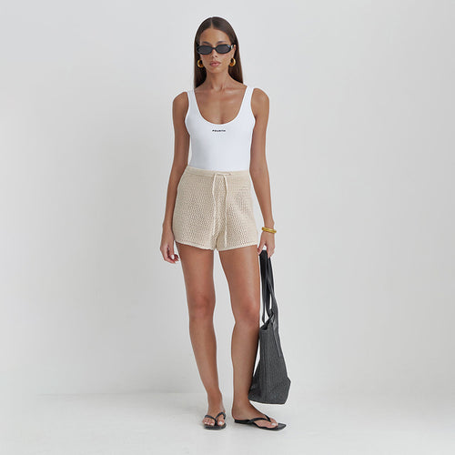 Hollow-Out Lace-Up Cardigan & Shorts Beach Set|Color:Beige