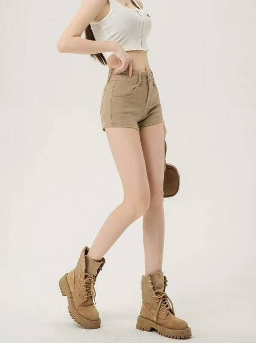 High-Waisted Double-Button Denim Shorts|Color:Beige