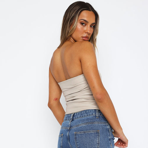 Strapless Faux Leather Tube Top|Color:White