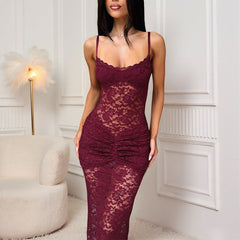 Lace Trim Floral Bodycon Maxi Dress|Color:Red