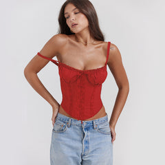 Lace Trim Strap Slim Fit Crop Top|Color:Red