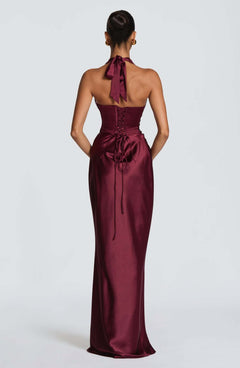 Halter Deep V-Neck Pleated Satin Maxi Dress|Color:Purple