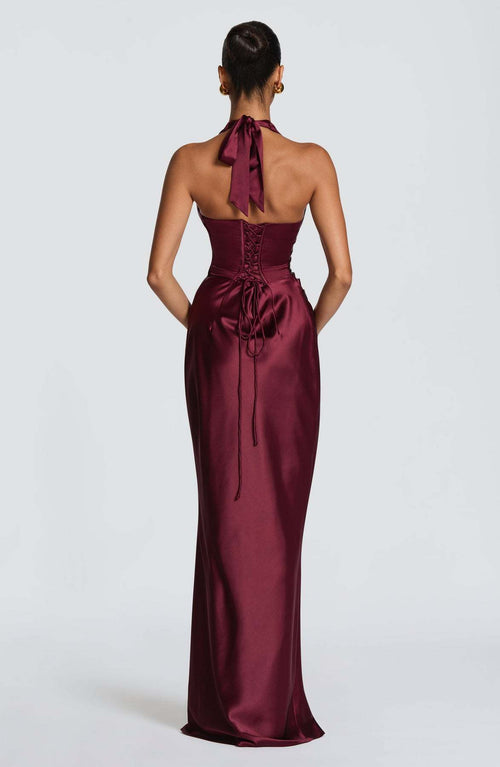 Halter Deep V-Neck Pleated Satin Maxi Dress|Color:Purple