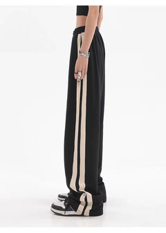 Striped High-Waist Wide-Leg Sweatpants|Color:Black