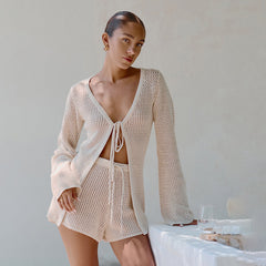 Hollow-Out Lace-Up Cardigan & Shorts Beach Set|Color:Beige
