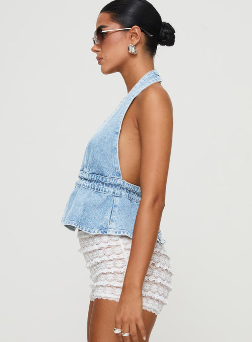 Halter Neck Lace-Up Backless Denim Top|Color:Light Blue