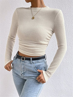 Ruched Plaid Round Neck Long Sleeve Top|Color:White