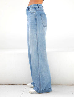 High-Waist Washed Wide-Leg Denim Jeans|Color:Blue