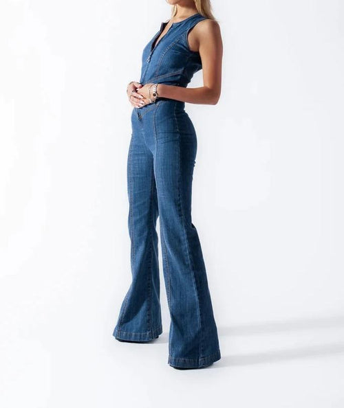 High-Waist Sleeveless Denim Jumpsuit|Color:Blue