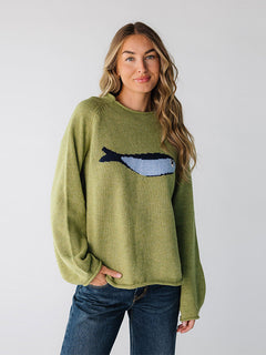 Carp Print Round Neck Pullover Sweater|Color:Green