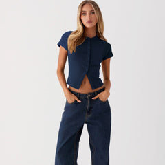 Button Front Short Sleeve Knit Cardigan|Color:Navy Blue