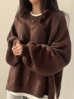 Lantern Sleeve Loose Knit Sweater|Color:Dark Brown