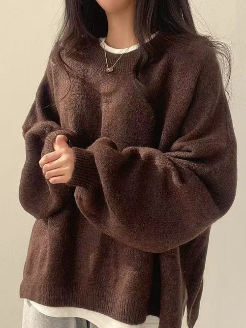 Lantern Sleeve Loose Knit Sweater|Color:Dark Brown