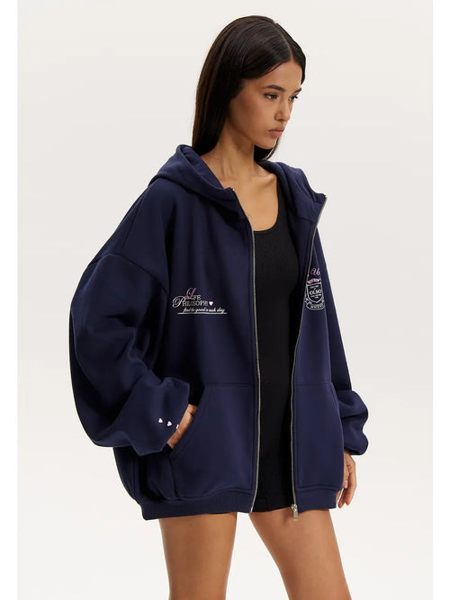Zip-Up Hooded Cotton Sweatshirt|Color:Navy Blue