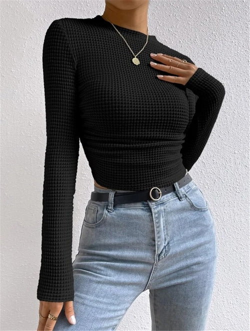 Ruched Plaid Round Neck Long Sleeve Top|Color:Black