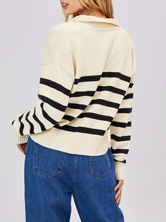 Striped V-Neck Wool Blend Sweater|Color:White