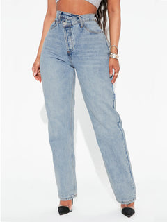 Crossover Waist Straight-Leg Denim Pants|Color:Light blue