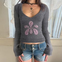 Floral V-Neck Cropped Knit Sweater|Color:Gray