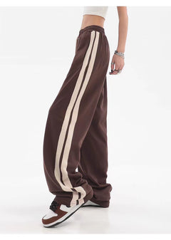 Striped High-Waist Wide-Leg Sweatpants|Color:Brown