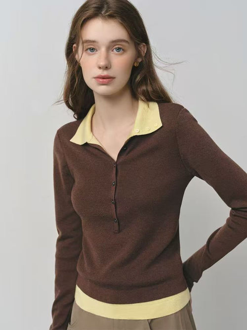 Color-Block Polo Collar Knit Sweater|Color:Brown