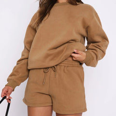 Round Neck Sweatshirt & Shorts Loungewear Set|Color:Brown