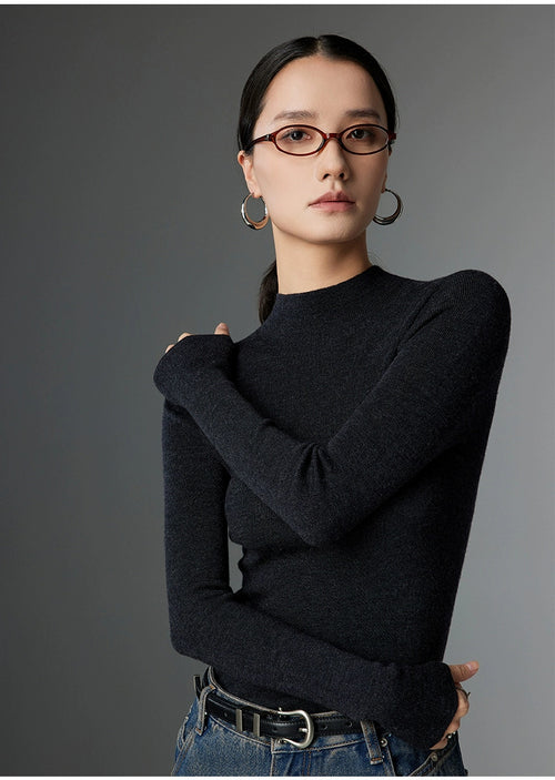 Half-Turtleneck Ribbed Wool Sweater|Color:Black