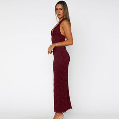 Lace Halter Neck Maxi Dress Fonley|Color:Red