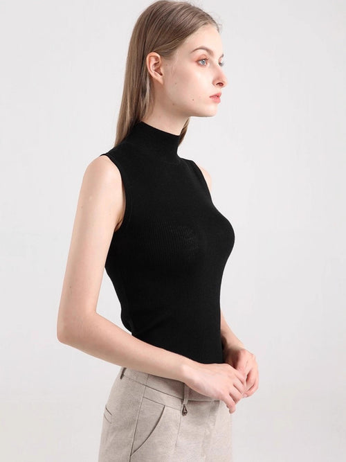 Half-Turtleneck Sleeveless Knit Vest|Color:Black