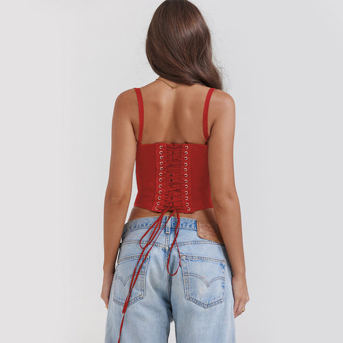 Lace Trim Strap Slim Fit Crop Top|Color:Red