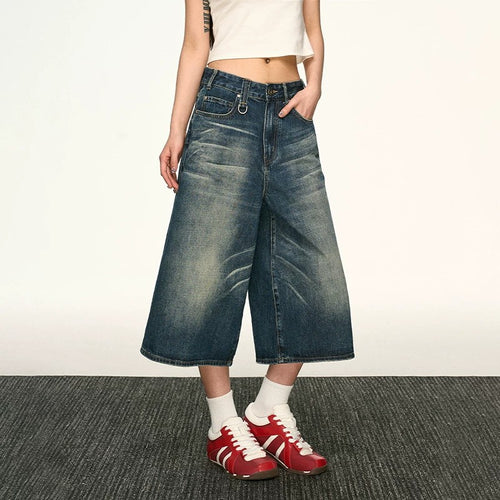 Vintage Washed Denim Wide-Leg Cropped Pants|Color:Blue