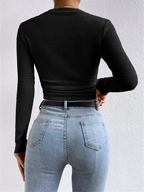 Ruched Plaid Round Neck Long Sleeve Top|Color:Black