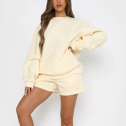 Round Neck Sweatshirt & Shorts Loungewear Set|Color:Yellow