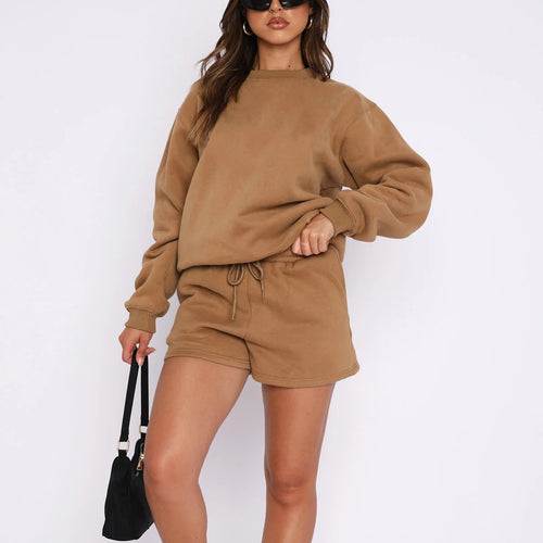 Round Neck Sweatshirt & Shorts Loungewear Set|Color:Brown