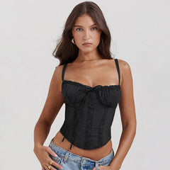 Lace Trim Strap Slim Fit Crop Top|Color:Black