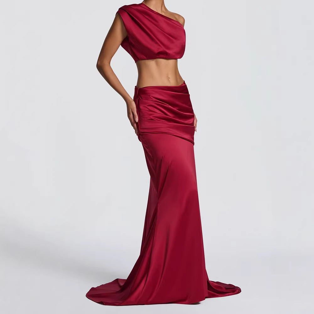 Off-Shoulder Satin Maxi Two-Piece Set Fonley