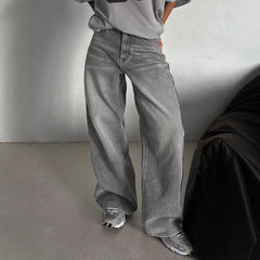 Relaxed High-Waist Straight-Leg Trousers|Color:Gray