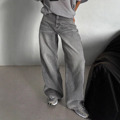 Relaxed High-Waist Straight-Leg Trousers|Color:Gray