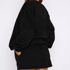 Round Neck Sweatshirt & Shorts Loungewear Set|Color:Black