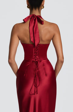 Halter Deep V-Neck Pleated Satin Maxi Dress|Color:Red