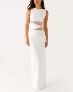 Round Neck Sleeveless Knit Maxi Dress|Color:White