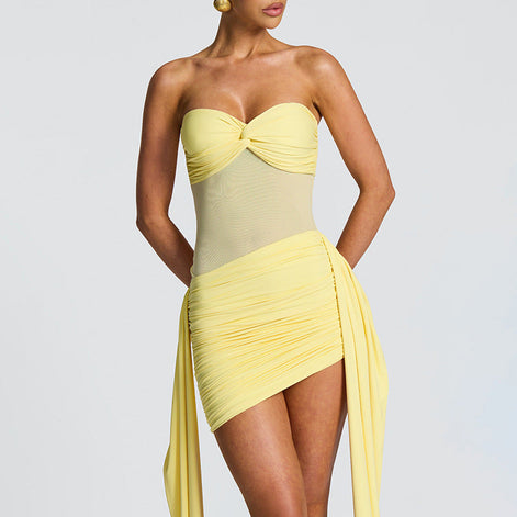 Sheer Panel Ruched Mini Dress Fonley