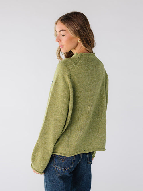 Carp Print Round Neck Pullover Sweater|Color:Green