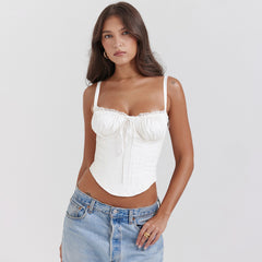 Lace Trim Strap Slim Fit Crop Top|Color:White