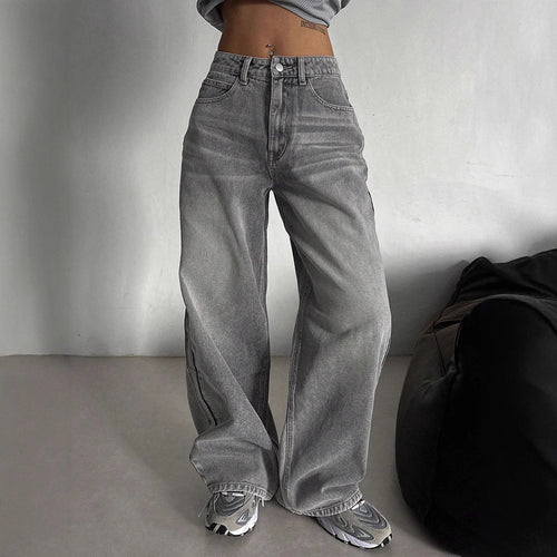 Relaxed High-Waist Straight-Leg Trousers|Color:Gray