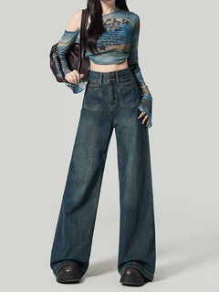 High-Waist Loose Straight-Leg Jeans|Color:Gray